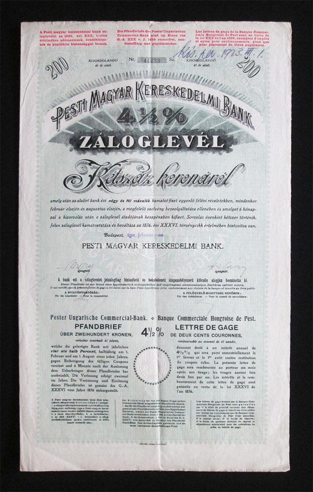 Pesti Magyar Kereskedelmi Bank záloglevél 200 korona 1921 -ny-